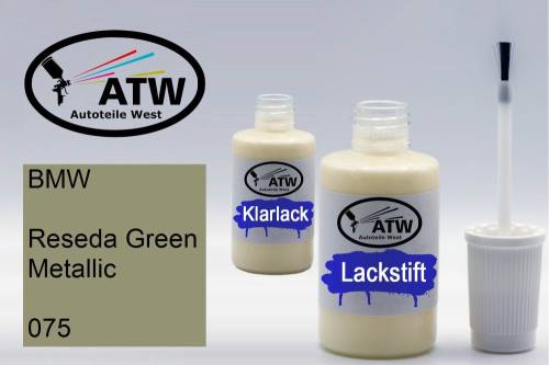 BMW, Reseda Green Metallic, 075: 20ml Lackstift + 20ml Klarlack - Set, von ATW Autoteile West.